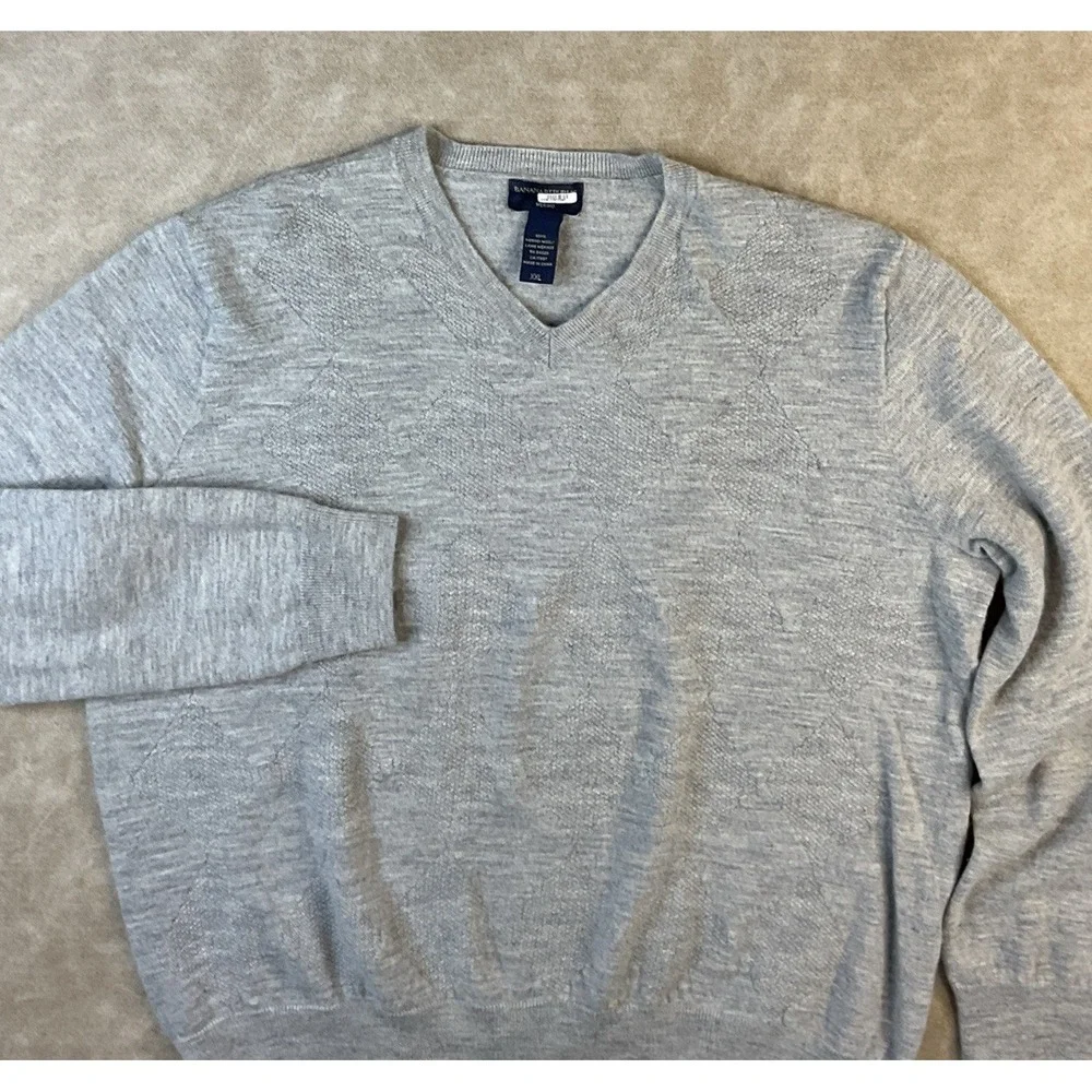 Banana Republic Sweater Men Sz 2XL 100% Merino Wool Argyle Detail Pullover Grey